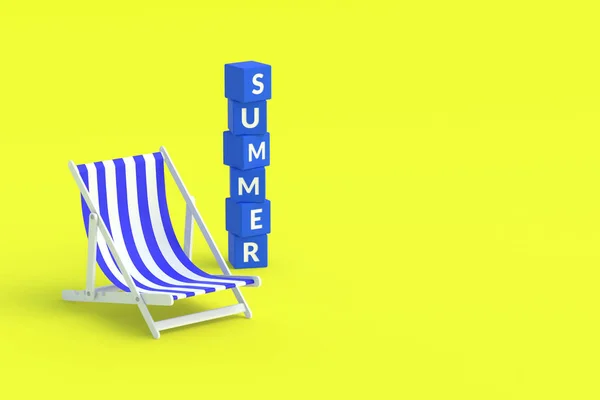 黄色の背景に単語の夏と1つの縞模様のビーチチェアとキューブ ビーチ リゾートでリラックスしてください 日光浴 エキゾチックな休暇 コピースペース 3Dレンダリング — ストック写真