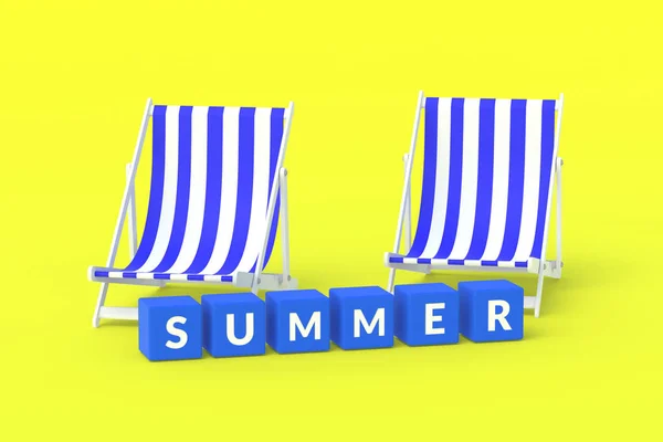 黄色の背景に単語の夏と縞模様のビーチチェアとキューブ ビーチ リゾートでリラックスしてください 日光浴 エキゾチックな休暇 3Dレンダリング — ストック写真