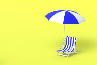 Sarı arka planda plaj çizgili sandalye ve şemsiye. Rahatlama, yaz tatili. Yaz mevsimi havuz kenarında dinleniyor. Güneş koruması. Uzayı kopyala 3d oluşturma