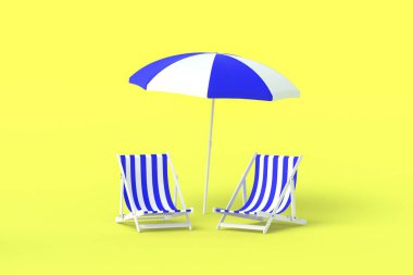 Sarı arka planda plaj çizgili sandalyeler ve şemsiye. Rahatlama, yaz tatili. Yaz mevsimi havuz kenarında dinleniyor. Güneş koruması. 3d oluşturma