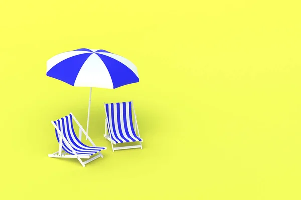 黄色の背景にビーチストライプの椅子と傘 リラックス 夏の休暇 夏休みはプールの近く 太陽の保護 コピースペース 3Dレンダリング — ストック写真