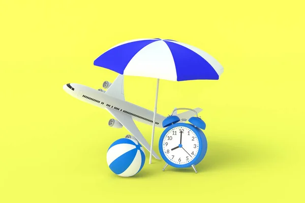 Beach Striped Umbrella Ball Airplane Alarm Clock Yellow Background Time — Stock Photo, Image