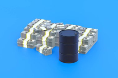 Mavi arka planda metal fıçının yanında yığınla Amerikan doları var. İş konsepti. Petrol fiyatı. Petrol ürünleri için ödeme. Enerji kaynaklarından kazanç. Benzin alıyorum. 3d oluşturma
