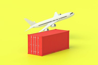 Yük konteynırı ve sarı arka planda bir uçak. İş konsepti. Ağır kargo taşımacılığı. Hızlı teslimat. Uluslararası lojistik şirketi. Ticari taşımacılık. 3d oluşturma