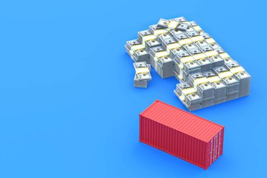 Konteynırın yanında yığınla Amerikan doları var. İş konsepti. Para transferi. Para koleksiyonu. Uluslararası finans dilimi, yardım. Toptan alım satım. 3d oluşturma