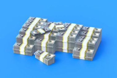 Bir yığın Amerikan doları. Mavi arka planda yığınla para var. 3d oluşturma