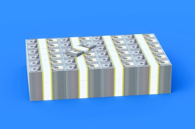Bir yığın Amerikan doları. Mavi arka planda yığınla para var. 3d oluşturma