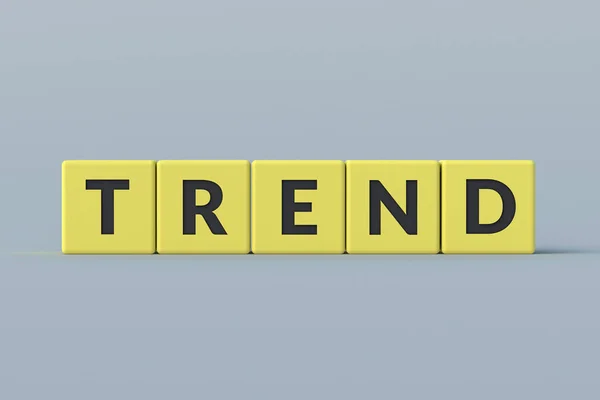 Yellow cubes with word trend on gray background. New, main, popular topics in fashion, music, art or media. Concept of latest innovation. Close-up. 3d rendering