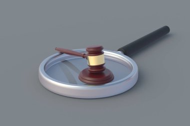Hakim çekici gri arka planda büyüteç üzerinde. Kanıt arayın. Hukuk eğitimi. Yargı sistemi araştırması. Yasama eğitimi. Hücum algılaması. 3d hazırlayıcı