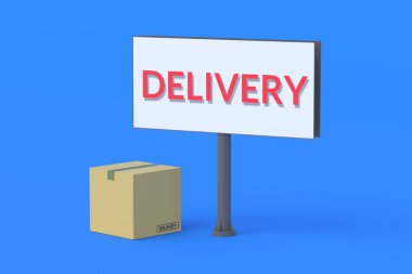 Reklam panosunun yanındaki kutuda kelime dağılımı var. Bir nakliye şirketinin reklamı. Kargo bilgileri. Posta teslimatı. Taşıyıcı servisler sağlanıyor. Mal taşımacılığı. 3d hazırlayıcı