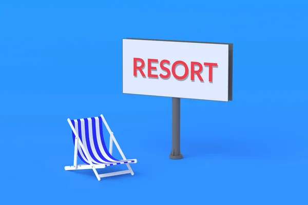 単語のリゾートと看板の近くにストリップビーチチェア ホテルについての発表 旅行会社の広告 チケットの購入 3Dレンダリング — ストック写真