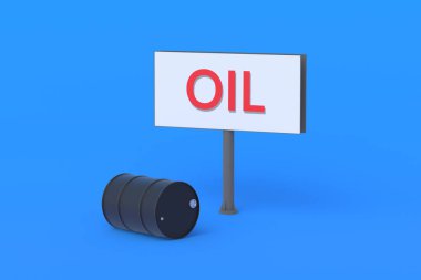 Reklam panosunun yanında kelime yağı olan bir varil. Enerji kaynaklarının alınıp satılması. Saha petrolü hakkında bilgi. Yakıt ve kayganlaştırıcı taşımacılığı. 3d hazırlayıcı