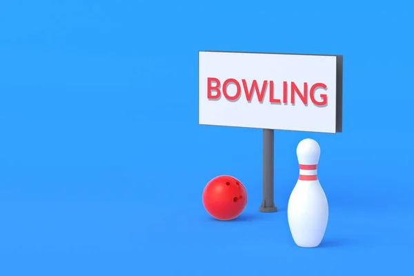 Boll Och Stift Nära Skylt Med Ordet Bowling Reklam För — Stockfoto