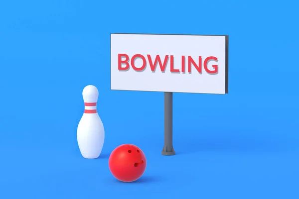 Bal Pin Buurt Van Billboard Met Woord Bowling Reclame Voor — Stockfoto