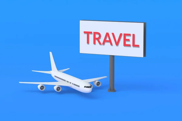 Samolot Pobliżu Billboardu Podróży Słowo Reklama Firmy Turystycznej Zakup Sprzedaż — Zdjęcie stockowe