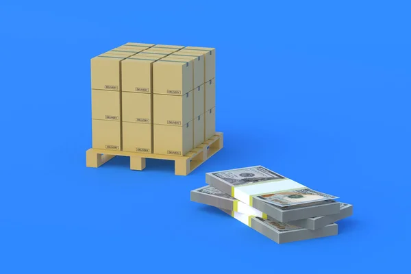 お金の山の近くのパレット上の段ボール箱 輸送会社への投資 配達の費用だ 輸入品の関税 送料の支払い 国際貿易 3Dレンダリング — ストック写真