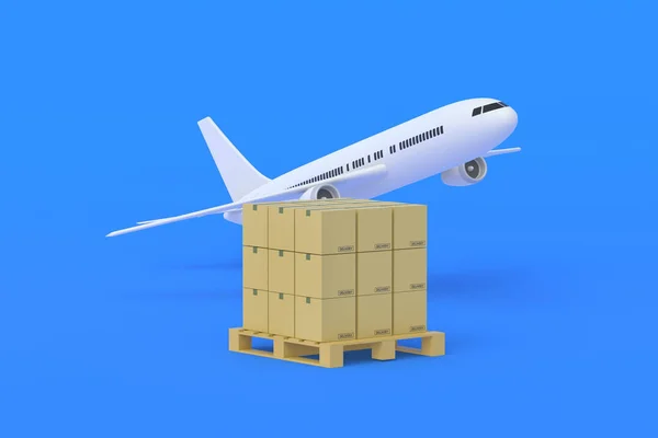 青い背景にパレット上のボックスのスタックの近くの飛行機 商品の国際輸送 グローバル ロジスティクス 空気による輸送 航空便のコンセプト 輸送会社のサービス 3Dレンダリング — ストック写真