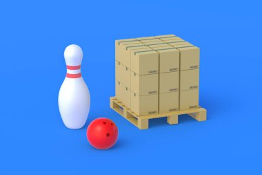 Bowling pimi ve topunun yanındaki karton kutular. Toptan spor malzemeleri satın alır. Uluslararası ticaret. Boş zamanlarınızda kullanabileceğiniz paketler. 3d hazırlayıcı
