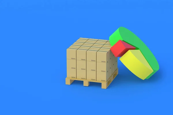 Cardboard boxes on pallet near pie chart. Postage statistics. The profitability of transport companies. Changes in the number of parcels. Analysis of the transportation market. Copy space. 3d render