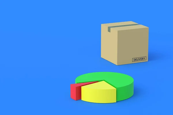 Cardboard box and pie chart. Postage statistics. The profitability of transport companies. Changes in the number of parcels. Analysis of the transportation market. Copy space. 3d render
