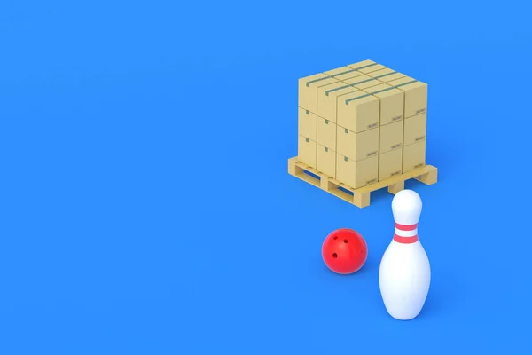Cardboard boxes near bowling pin and ball. Wholesale purchases sport equipment. International trade. Parcels with device for leisure. Copy space. 3d render