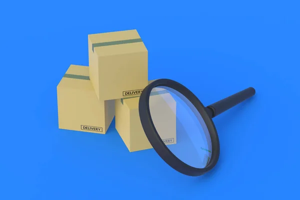 Cardboard Boxes Magnifying Glass Package Tracking Search Transport Company Controlling — Stock Photo, Image