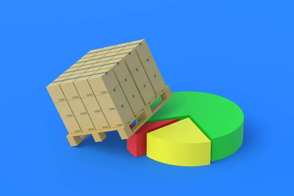 円グラフの近くのパレット上の段ボール箱 統計を投稿する 輸送会社の収益性 小包の数の変更 輸送市場の分析 3Dレンダリング — ストック写真