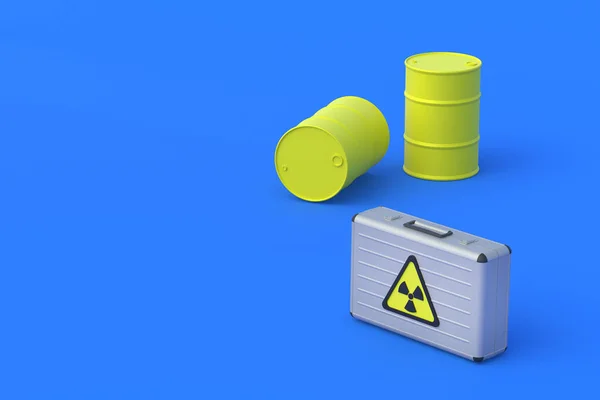 Radyasyon Işareti Namlunun Yanındaki Metal Bavul Nükleer Çanta Radyoaktif Maddelerin — Stok fotoğraf