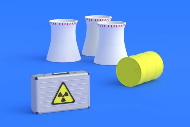 Nükleer santral ve namlunun yanındaki metal bavul. Radyoaktif maddelerin taşınması. Atom endüstrisine yatırım. 3d hazırlayıcı