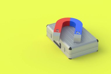 Mıknatısın yanındaki metal bavul. Yatırımcıları cezbediyor. Finansal ve yatırım sermayesinde artış. Müşteri büyütme pazarlama çözümleri. 3d hazırlayıcı