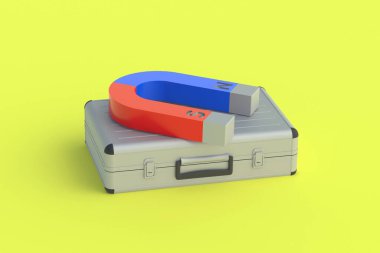 Mıknatısın yanındaki metal bavul. Yatırımcıları cezbediyor. Finansal ve yatırım sermayesinde artış. Müşteri büyütme pazarlama çözümleri. 3d hazırlayıcı