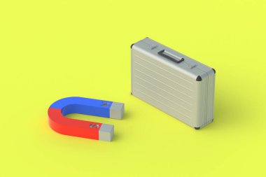 Mıknatısın yanındaki metal bavul. Yatırımcıları cezbediyor. Finansal ve yatırım sermayesinde artış. Müşteri büyütme pazarlama çözümleri. 3d hazırlayıcı