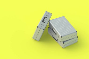 Para için metal bavullar ya da sarı arka planda belgeler. 3d hazırlayıcı