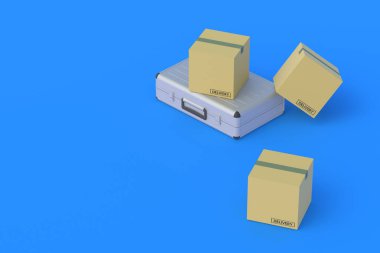 Paketlerin yanında metal bavul. Uluslararası bir nakliye şirketine yatırım yapmak. Nakliye maliyeti, lojistik. Özel teslimat koşullarının ayarlanması. Posta servisinin finansmanı. Uzayı kopyala 3d hazırlayıcı