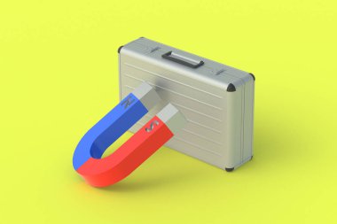 Mıknatısın yanındaki metal bavul. Yatırımcıları cezbediyor. Finansal ve yatırım sermayesinde artış. Müşteri büyütme pazarlama çözümleri. 3d hazırlayıcı