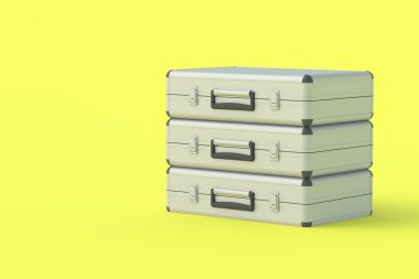 Para için metal bavullar ya da sarı arka planda belgeler. 3d hazırlayıcı