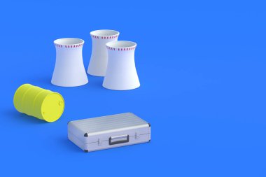 Nükleer santral ve namlunun yanındaki metal bavul. Radyoaktif maddelerin taşınması. Atom endüstrisine yatırım. Uzayı kopyala 3d hazırlayıcı