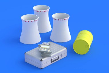 Nükleer enerji santrali yakınında metal bavul, varil ve para. Atom endüstrisine yatırım. Zehirli atıkların taşınması ve bertaraf edilmesi. 3d hazırlayıcı