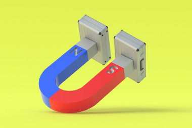 Mıknatısın yanındaki metal bavullar. Yatırımcıları cezbediyor. Finansal ve yatırım sermayesinde artış. Müşteri büyütme pazarlama çözümleri. 3d hazırlayıcı