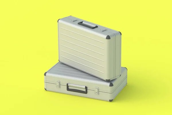 Metal Suitcases Money Documents Yellow Background Render — Stock Photo, Image