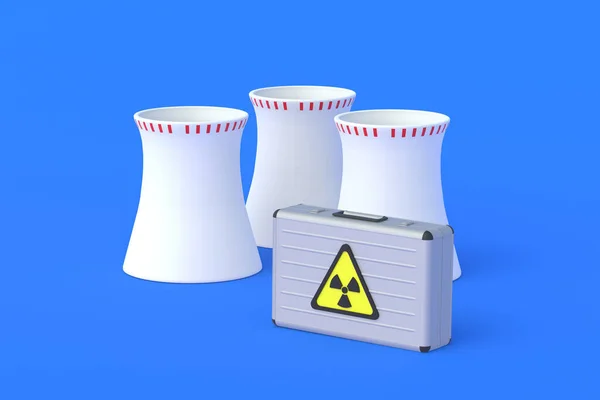 Metal suitcase near nuclear power station. Transportation of radioactive substances. Investing in the atomic industry. 3d render