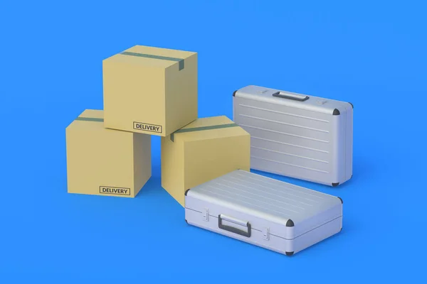 Metal suitcase near parcels. Investing in an international transport company. Shipping cost, logistics. Arrangement of special delivery conditions. Financing of postal service. 3d render
