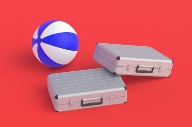 Bavullar plaj topunun yanında. Turizm sektörüne yatırım. Yaz tatili. Seyahat şirketleri için yatırım. 3d hazırlayıcı