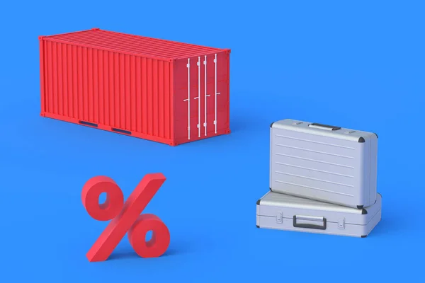 容器とパーセント記号の近くのスーツケース 投資による収入 輸送会社の株式収益性 商品の輸送の割引 3Dレンダリング — ストック写真