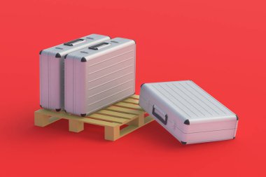 Paletin yanında metal bavullar. Uluslararası para taşımacılığı, belgeler. Turist gezilerinde bavul teslimatı. Büyük finansal transferler. Kargo taşıma şirketine yatırım. 3d hazırlayıcı