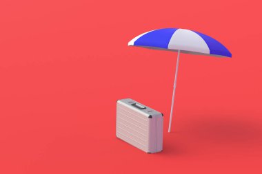 Çizgili sahil şemsiyesinin yanındaki bavul. Turizm sektörüne yatırım. Yaz tatili. Seyahat şirketleri için yatırım. Uzayı kopyala 3d hazırlayıcı