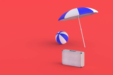 Kumsal şemsiyesi ve topun yanındaki bavul. Turizm sektörüne yatırım. Yaz tatili. Seyahat şirketleri için yatırım. 3d hazırlayıcı
