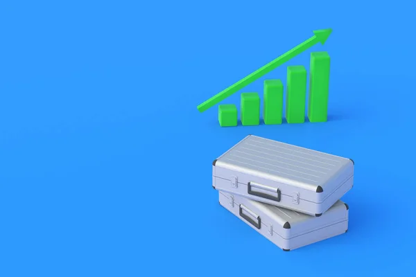 上矢印と緑のチャートの近くのスーツケース 投資家収入を予測する 会社の業績の分析 収益は報告書を増やす 業績の成長 コピースペース 3Dレンダリング — ストック写真