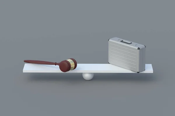 Suitcase and judge gavel on scales. Fair trial for investors. Balance of the size of fines, financial penalties for criminals, corrupt officials. Compensation measurement. 3d render