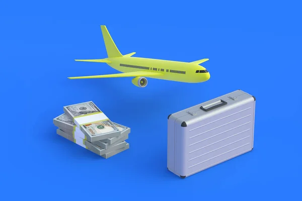 Koffer Der Nähe Von Geld Und Flugzeug Touristische Luxusreisen Ein — Stockfoto